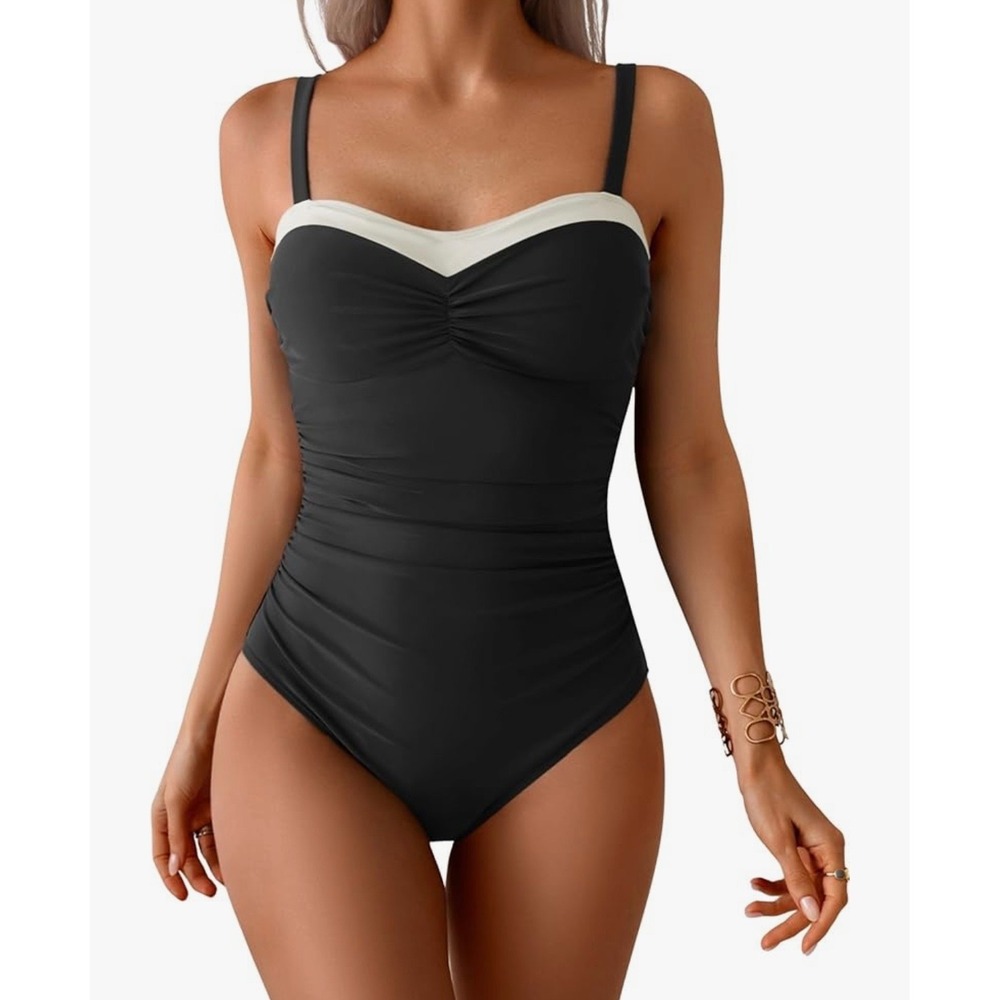 NEW Black White Ruched XL One Piece Tummy‎ Control Swimsuit Swimwear Beach